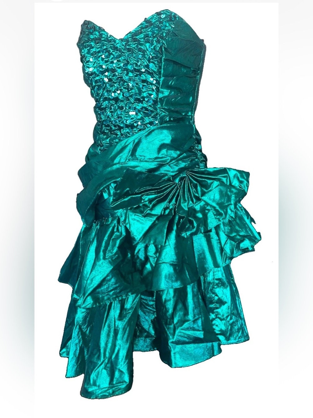 Vintage 80s Zum Zum Green Metallic Prom Dress Strapless Sequin Bow S/M USA Union